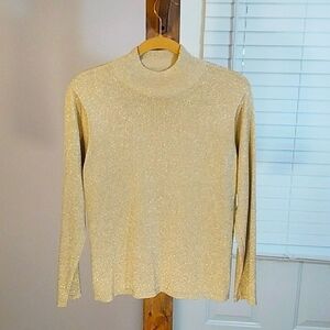 Talbots Silk Blend Pullover Knit Tan/Gold Heather Mock Neck Metallic Size M